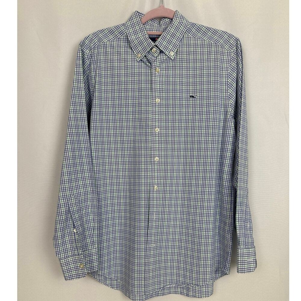 Vineyard Vines Mens Gingham Slim Whale Shirt Size Medium Blue Preppy Coastal